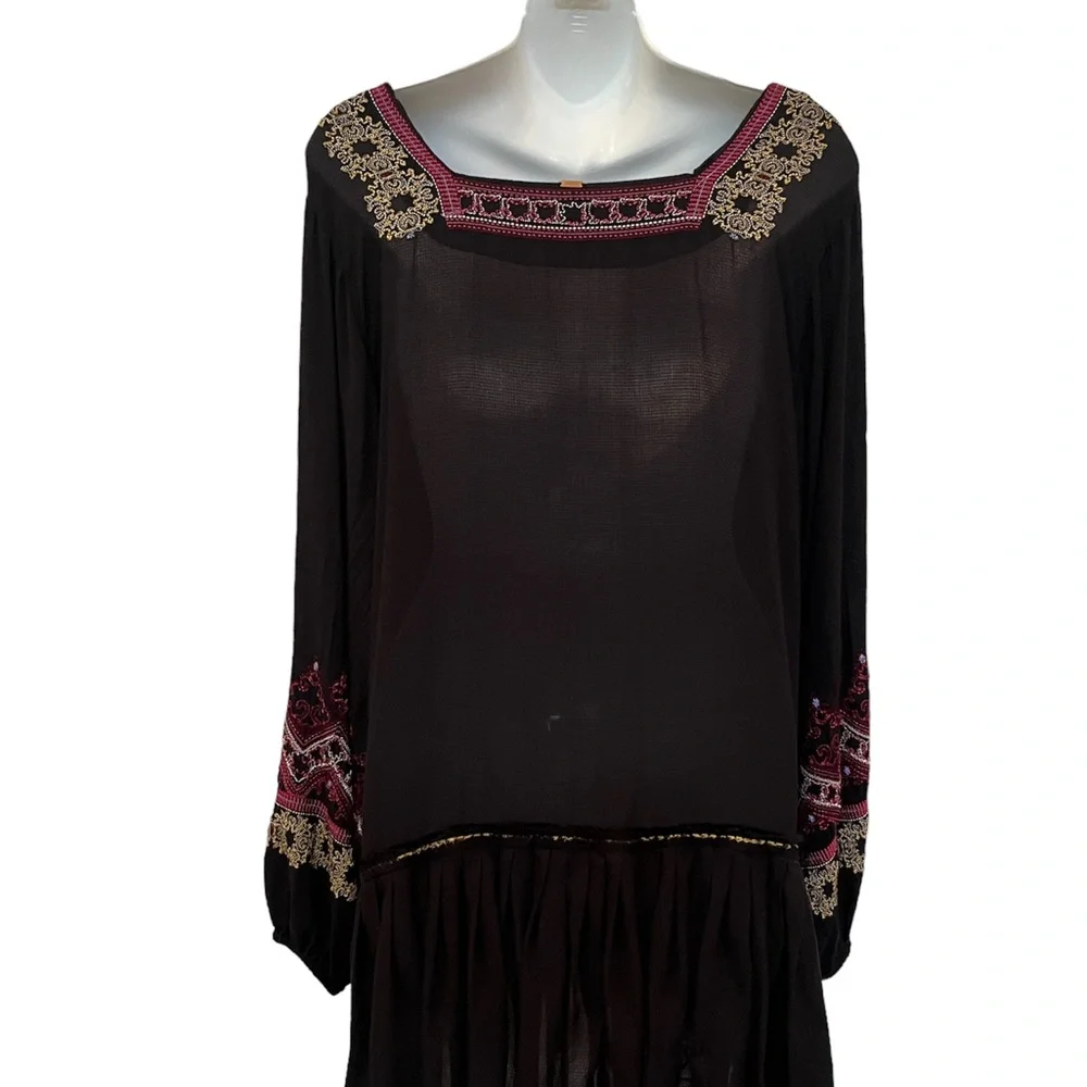 Free People Wild One Black Embroidered Long Sleeve V Neck Mini Dress Tunic XS